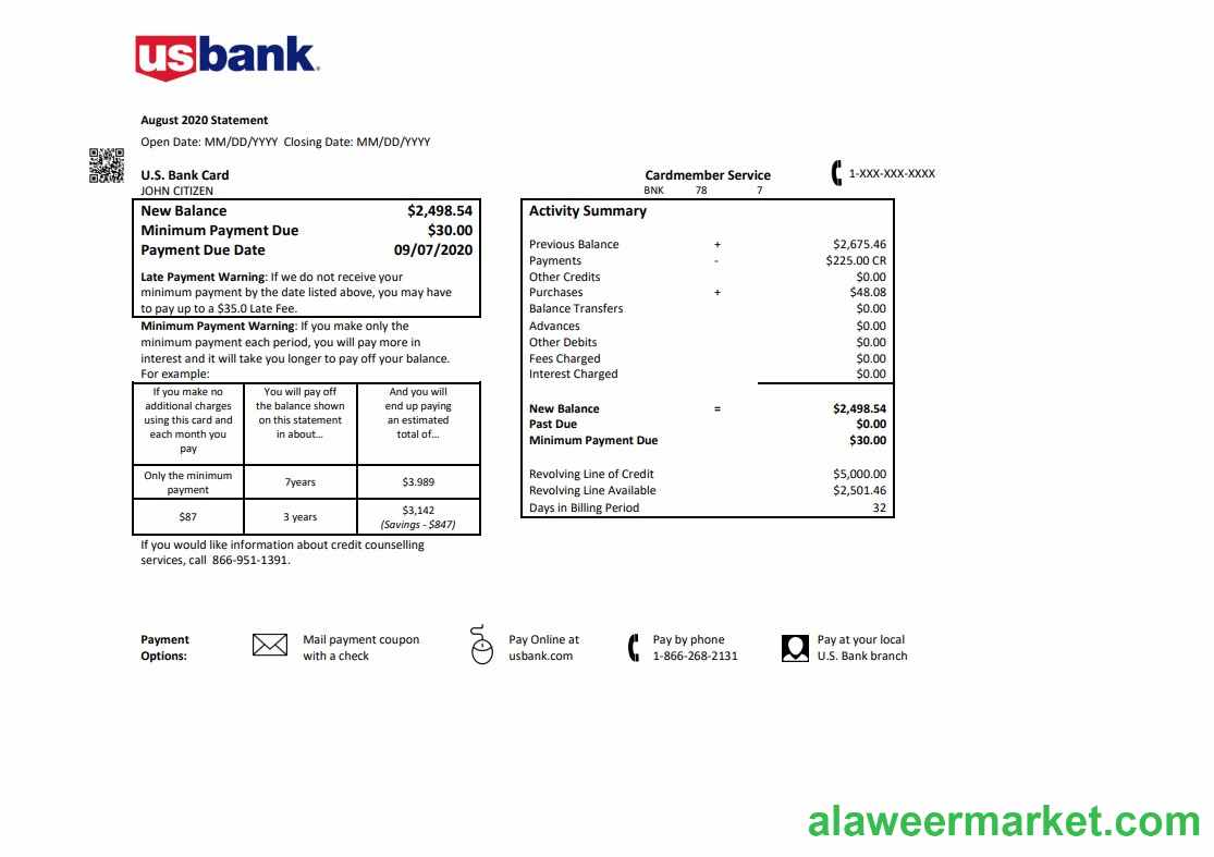 USA U.S. bank credit card statement template in .doc and .pdf format